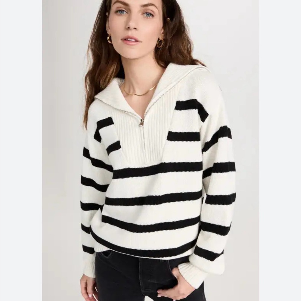 Striped White and Black Quarter-Zip Sweater